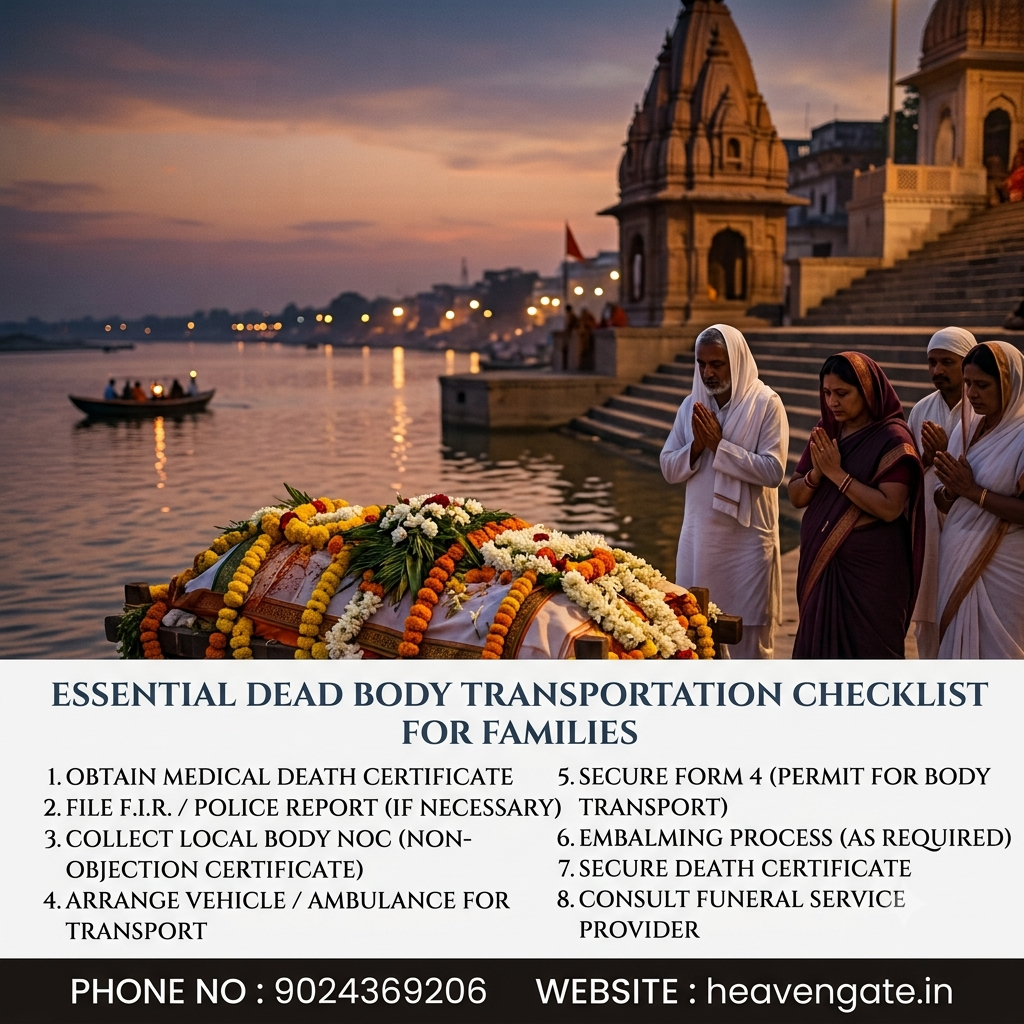 Dignified checklist infographic for families on dead body transportation in India, featuring crucial steps and contact info for heavengate.in.