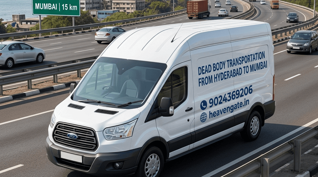 A white transport van with text "DEAD BODY TRANSPORTATION FROM HYDERABAD TO MUMBAI" driving on an Indian highway with road signs.