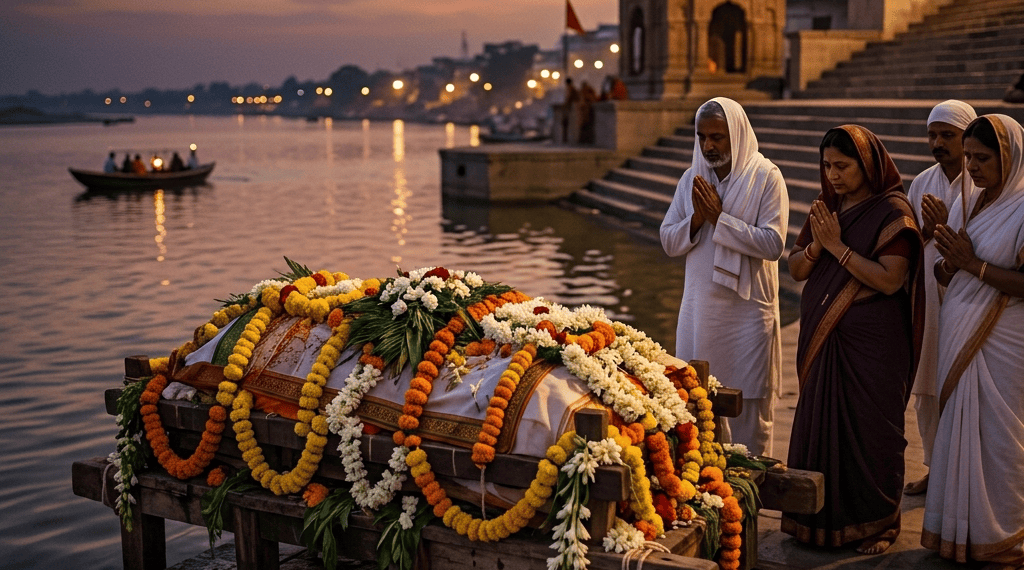 Funeral Services in India infographic showing hearse van, cremation, freezer box, dead body transportation, Antim Sanskar, and 24/7 funeral assistance.