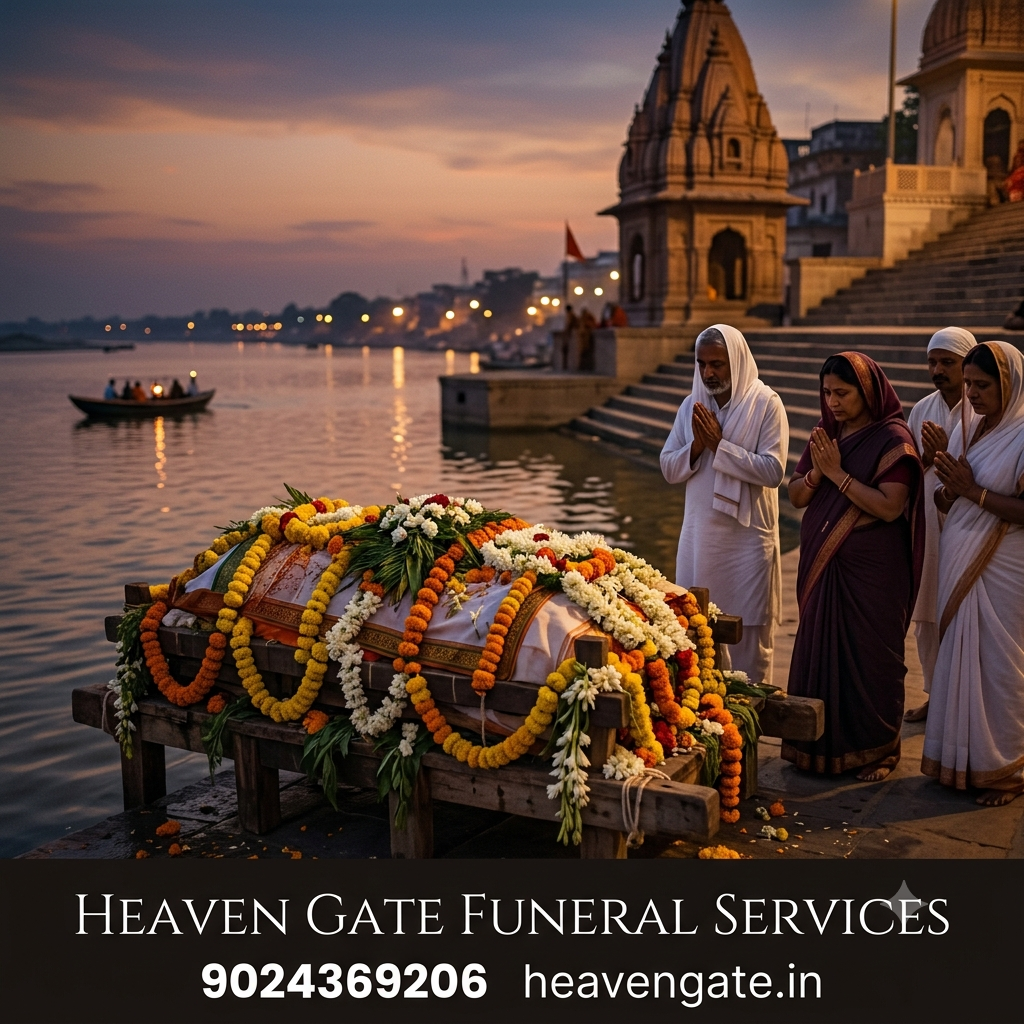 Funeral Services in India infographic showing hearse van, cremation, freezer box, dead body transportation, Antim Sanskar, and 24/7 funeral assistance.