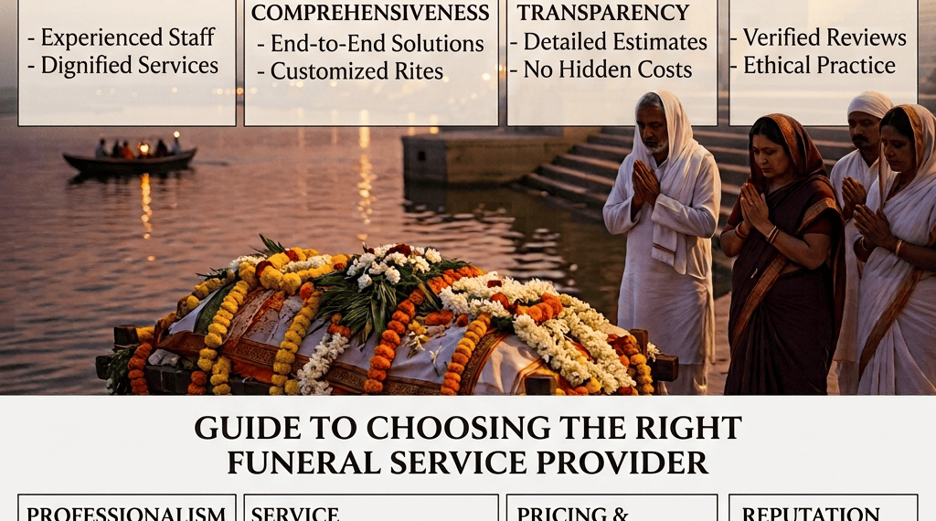 How to Choose the Right Funeral Service Provider infographic showing hearse van, freezer box, cremation, documentation, transportation, and 24/7 funeral assistance.