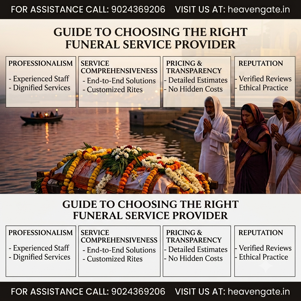 How to Choose the Right Funeral Service Provider infographic showing hearse van, freezer box, cremation, documentation, transportation, and 24/7 funeral assistance.