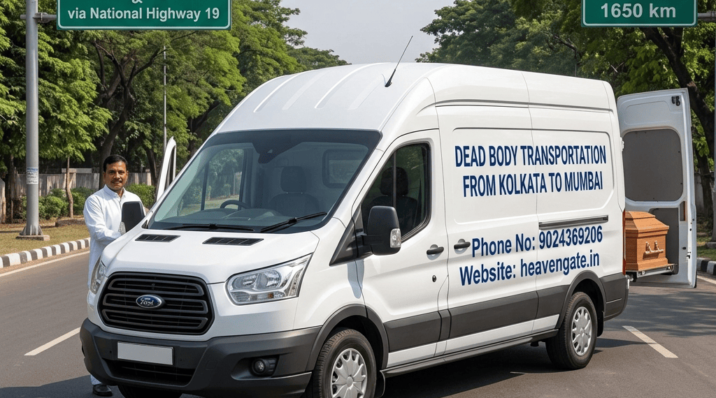 Dead Body Transportation from Kolkata to Mumbai infographic showing air cargo, hearse van service, embalming, freezer box, airport documentation, and 24/7 interstate funeral assistance.