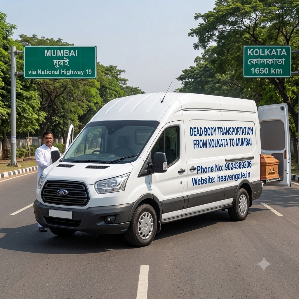 Dead Body Transportation from Kolkata to Mumbai infographic showing air cargo, hearse van service, embalming, freezer box, airport documentation, and 24/7 interstate funeral assistance.