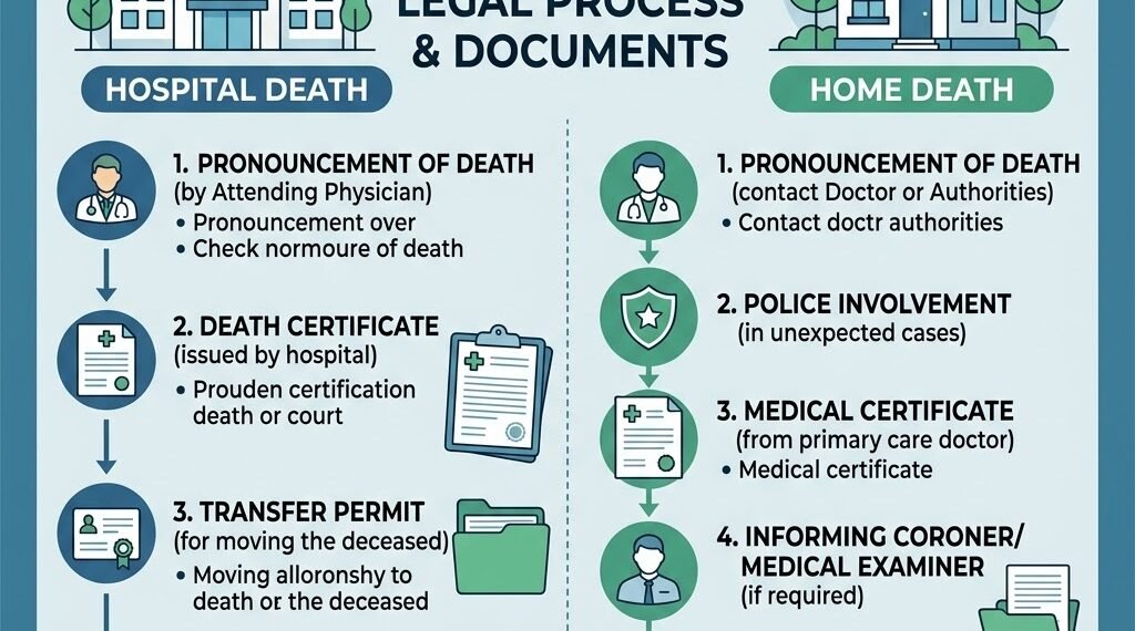 Infographic comparison of legal procedures for hospital vs home death