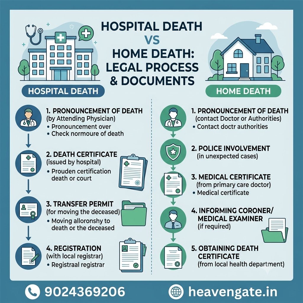 Infographic comparison of legal procedures for hospital vs home death